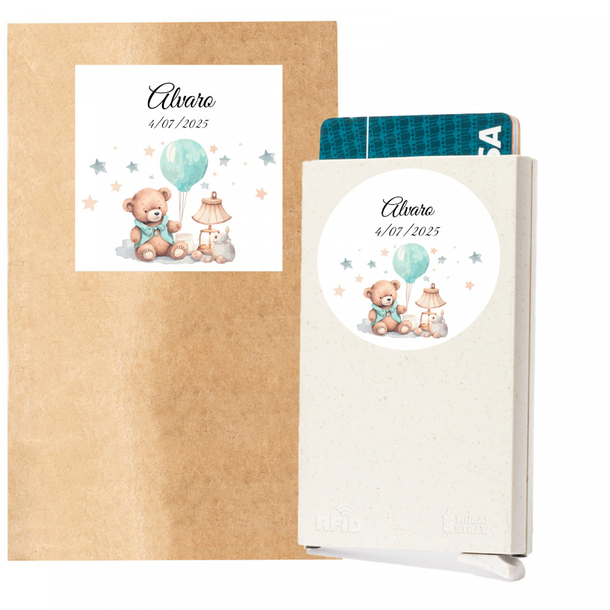 Porta-cartões automático com envelope e adesivos para batizado