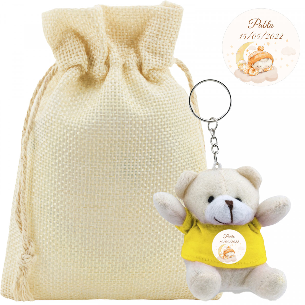 Chaveiro de pelúcia personalizado em bolsa de tecido para batizados