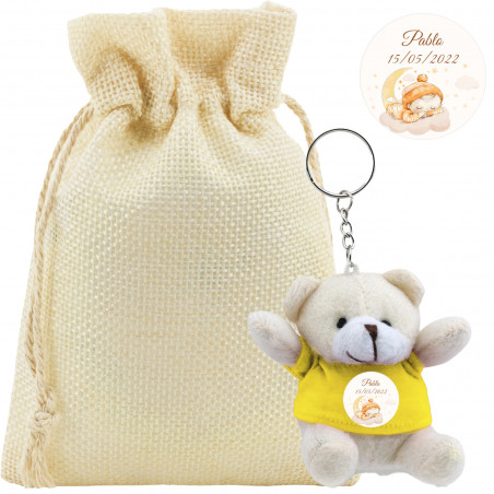 Chaveiro de pelúcia personalizado em bolsa de tecido para batizados