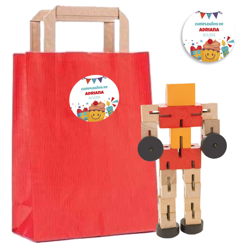 Jogo de habilidade transformer de madeira em bolsa kraft vermelha e adesivo para aniversários