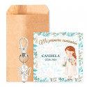 Chaveiro anjo da guarda com cartão de agradecimento personalizado em envelope kraft para lembranças de comunhão