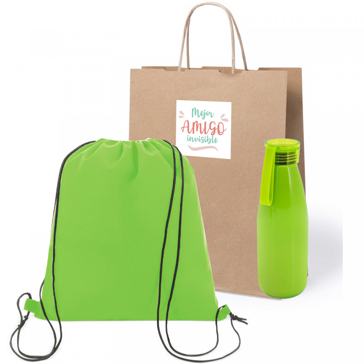 Mochila de presente com garrafinha de água em bolsa de kraft personalizada