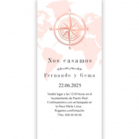 Convite vertical com mapa-múndi para casamentos e eventos