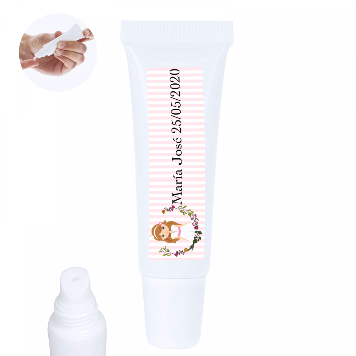 Bálsamo labial em frasco com adesivo 5x1cm de comunhão menina personalizável