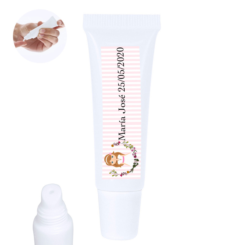 Bálsamo labial em frasco com adesivo 5x1cm de comunhão menina personalizável