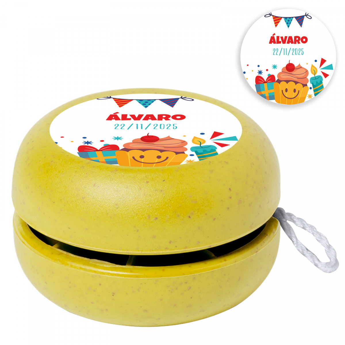 Yoyô amarelo eco com adesivo personalizável para detalhes