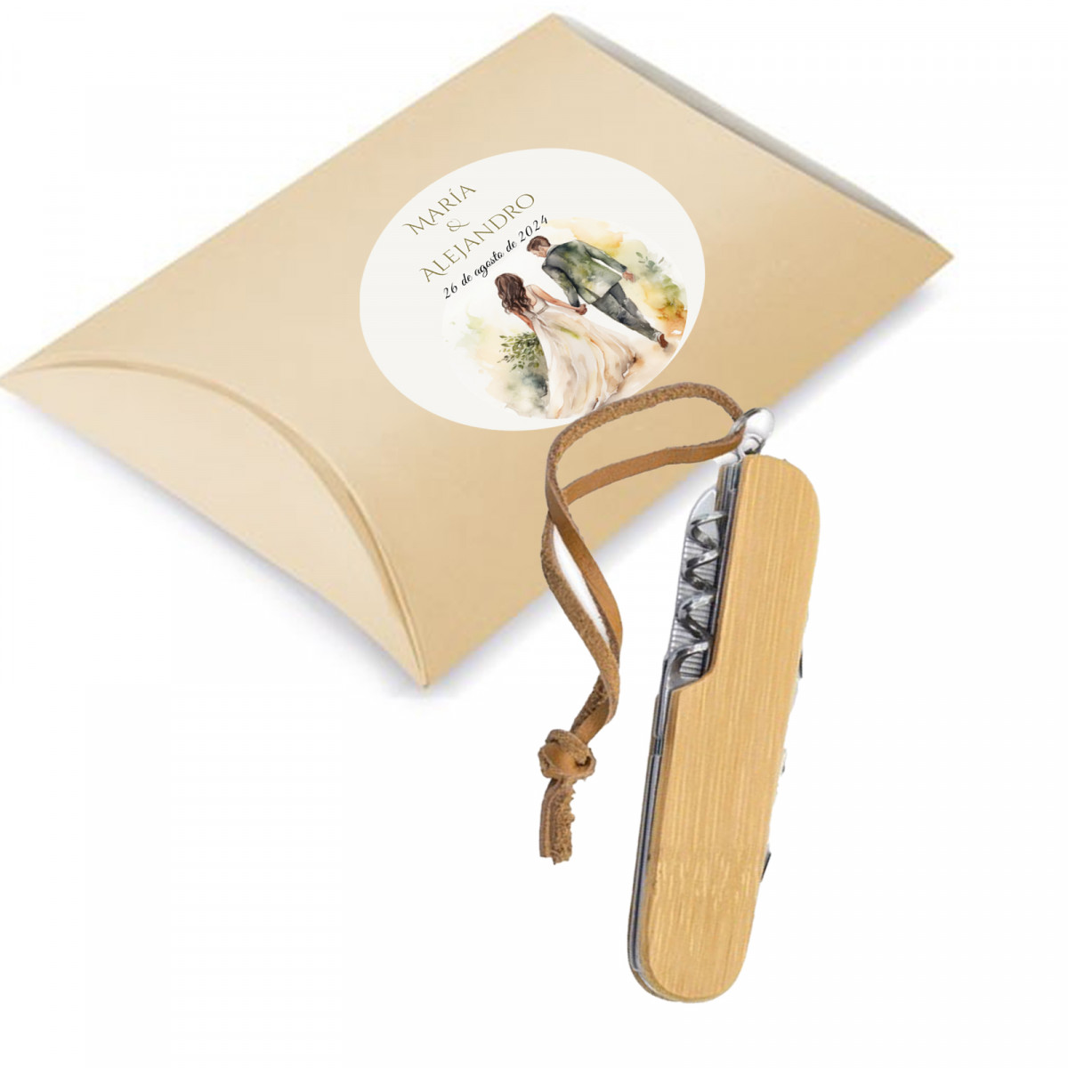 Faca multifuncional de bambu em caixinha personalizada para casamento