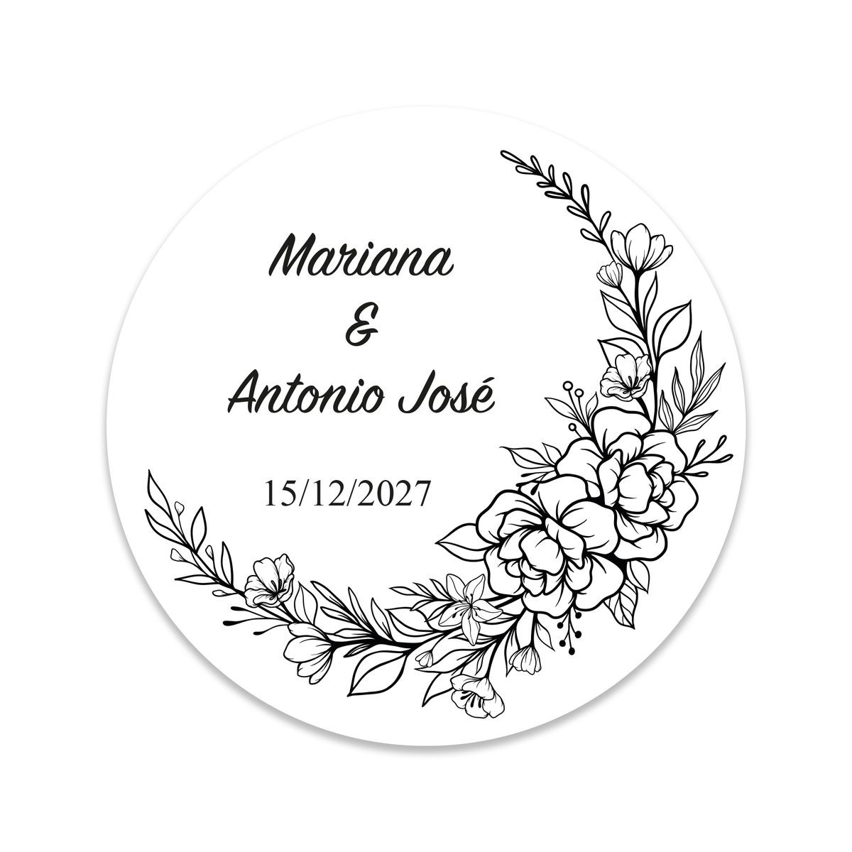 Adesivo redondo de 3cm personalizável de flores brancas e pretas para casamentos
