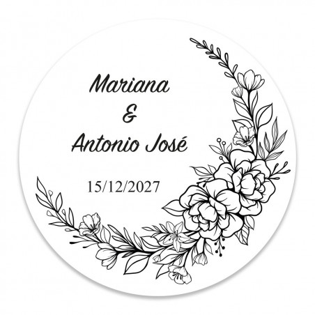 Adesivo redondo de 3cm personalizável de flores brancas e pretas para casamentos