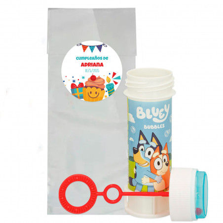 Pompero bluey em bolsa com simpático adesivo de aniversário personalizável para detalhes