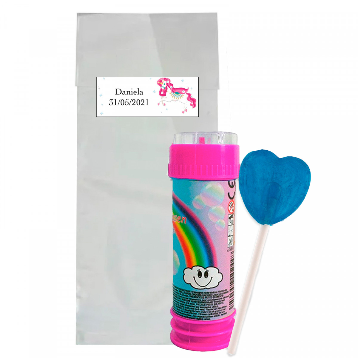 Fabricante de bolhas de arco-íris e pirulito para pintar a língua em uma bolsa com adesivo personalizado para detalhes