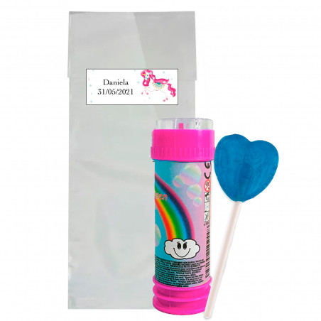Fabricante de bolhas de arco-íris e pirulito para pintar a língua em uma bolsa com adesivo personalizado para detalhes