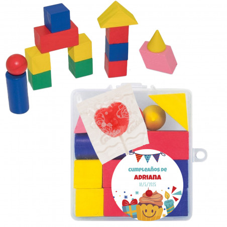 Blocos de quebra cabeça de madeira com pirulito e adesivo de aniversário personalizado
