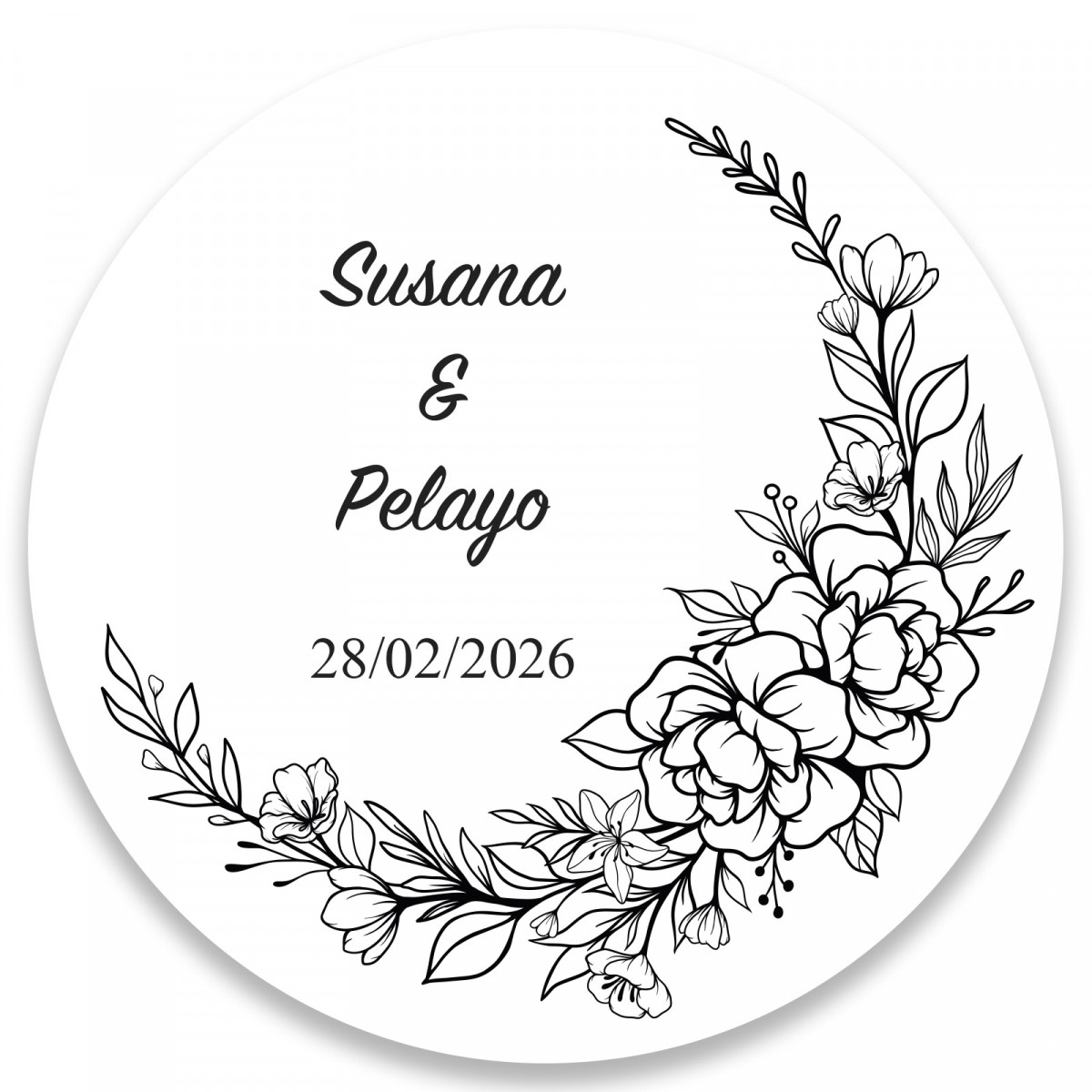 Adesivo redondo de 5cm personalizável de flores branco e preto para casamentos