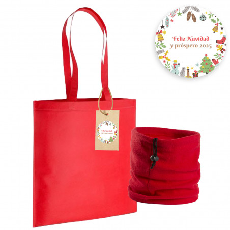Braçadeira polar vermelha em bolsa de alças longas com etiqueta personalizada com adesivo de Natal