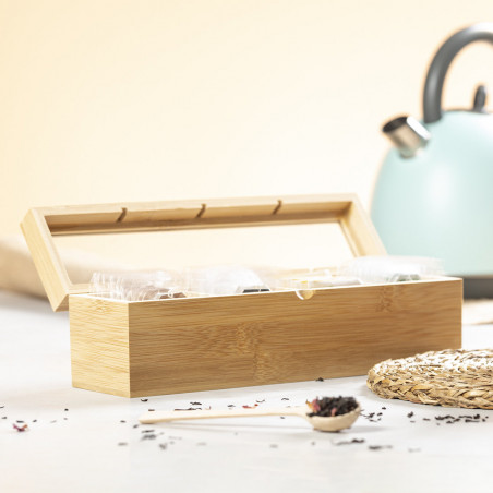 Caixa de chá de bambu com tampa de vidro Elegância e organização na sua cozinha