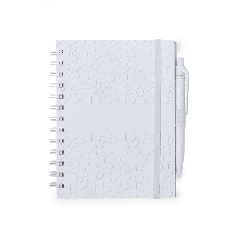 Caderno pequeno com espiral, capa dura e caneta esferográfica
