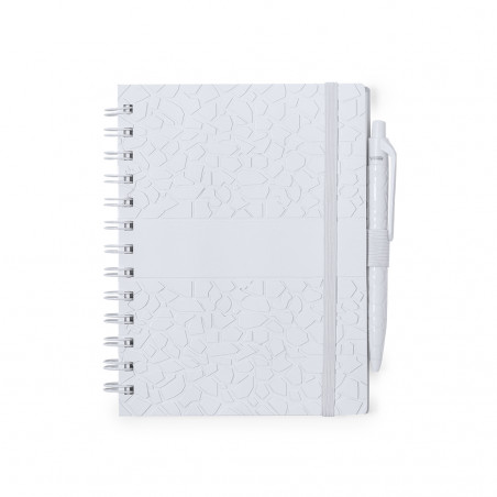 Caderno pequeno com espiral, capa dura e caneta esferográfica