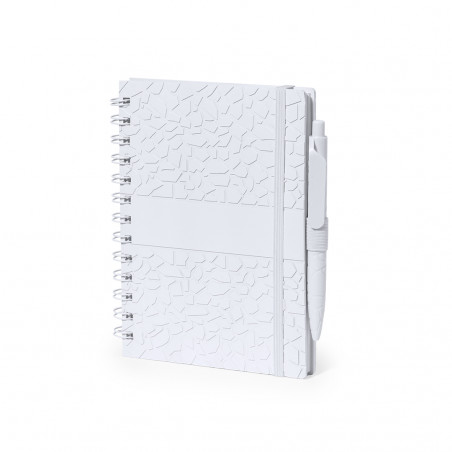 Caderno pequeno com espiral, capa dura e caneta esferográfica