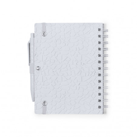 Caderno pequeno com espiral, capa dura e caneta esferográfica