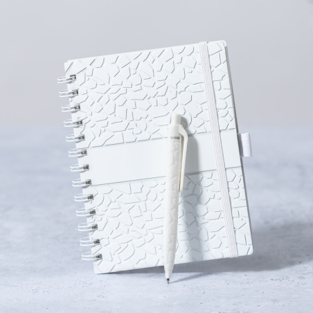Caderno pequeno com espiral, capa dura e caneta esferográfica