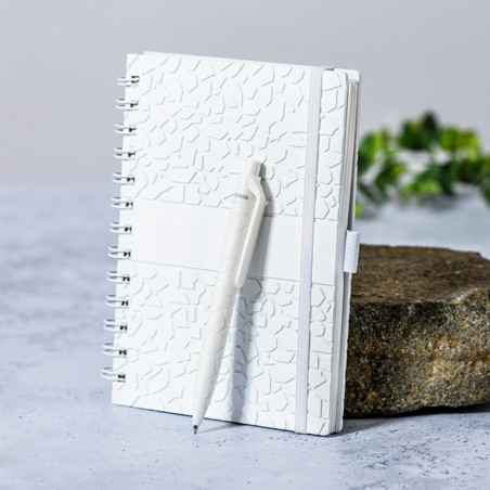 Caderno pequeno com espiral, capa dura e caneta esferográfica