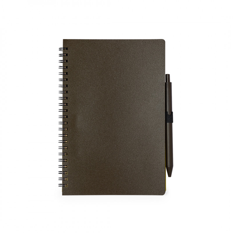 Caneta com caderno espiral de linhas na cor café