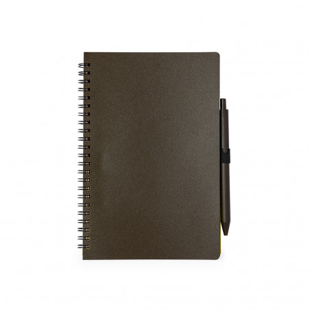 Caneta com caderno espiral de linhas na cor café