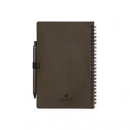 Caneta com caderno espiral de linhas na cor café