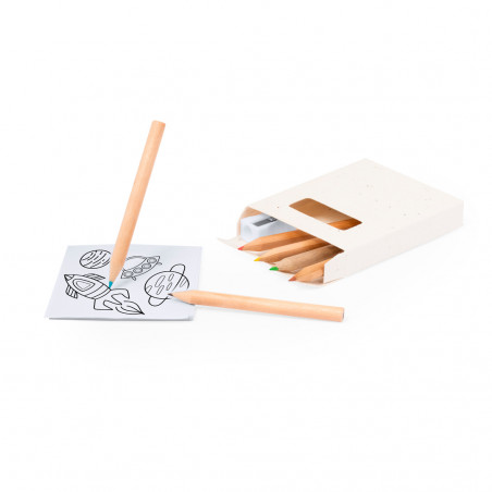 Lápis de cor com sementes bloco de desenho e apontador em estojo de papelão