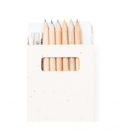 Lápis de cor com sementes bloco de desenho e apontador em estojo de papelão