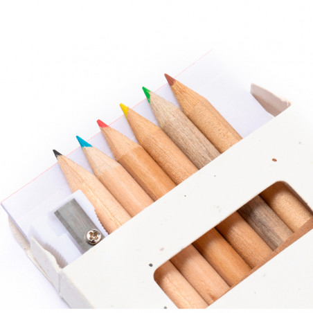 Lápis de cor com sementes bloco de desenho e apontador em estojo de papelão