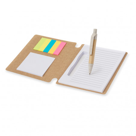 Bloco de notas de papelão reciclado e caneta esferográfica