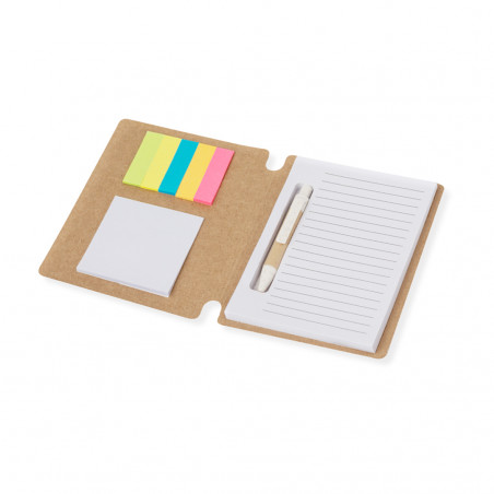 Bloco de notas de papelão reciclado e caneta esferográfica