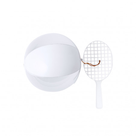 Conjunto de raquete e bola de praia unidas com elástico branco