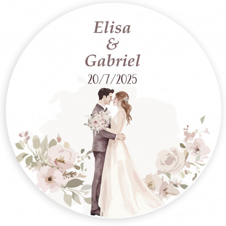 Adesivo personalizado 5cm noivos se beijando rodeados de flores para casamentos