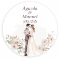 Adesivo personalizado 3cm noivos se beijando rodeados de flores para casamentos