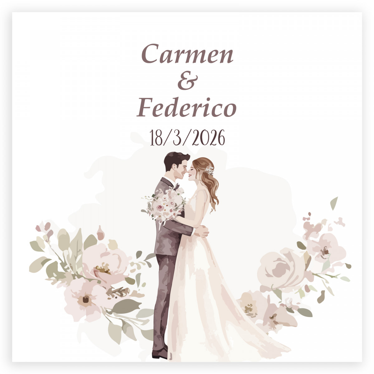 Adesivo personalizado romântico 5x5cm flores e noivos se beijando para casamentos