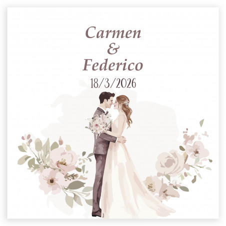 Adesivo personalizado romântico 5x5cm flores e noivos se beijando para casamentos