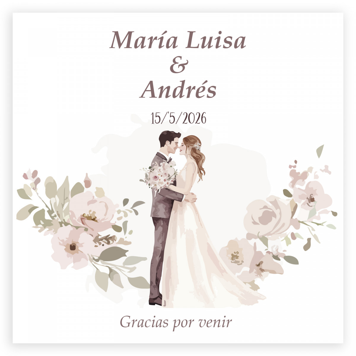 Cartão de agradecimento personalizado 8x8 romântico com flores e noivos para casamentos