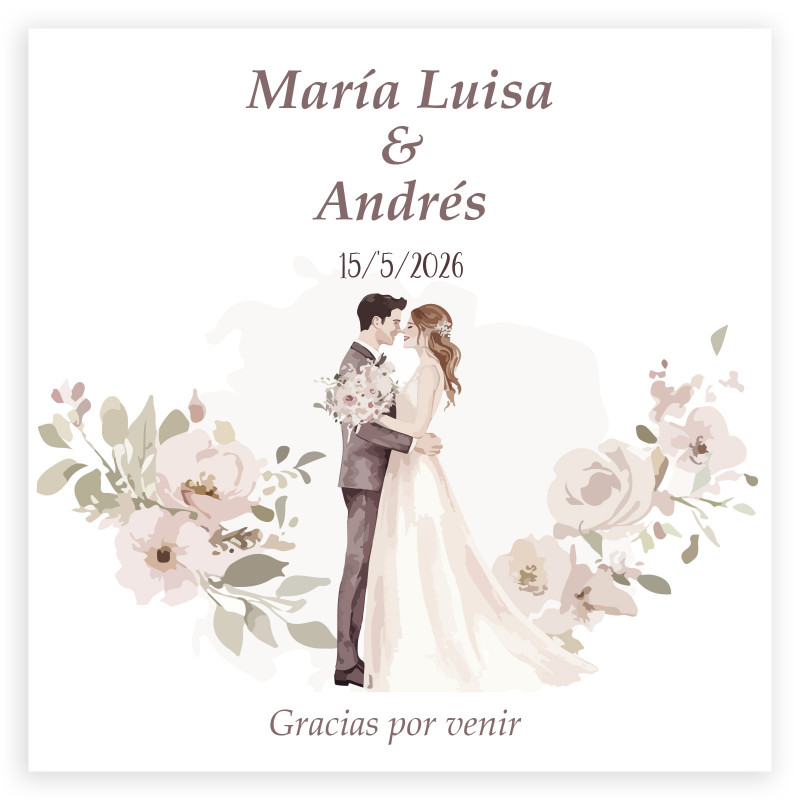 Cartão de agradecimento personalizado 8x8 romântico com flores e noivos para casamentos