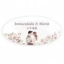 Adesivo personalizado ovalado noivos se beijando rodeados de flores para casamentos