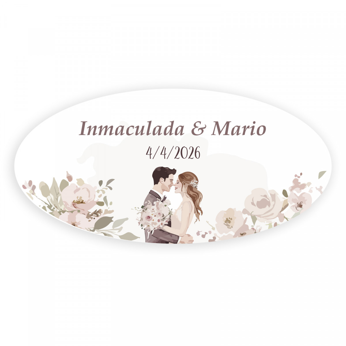 Adesivo personalizado ovalado noivos se beijando rodeados de flores para casamentos