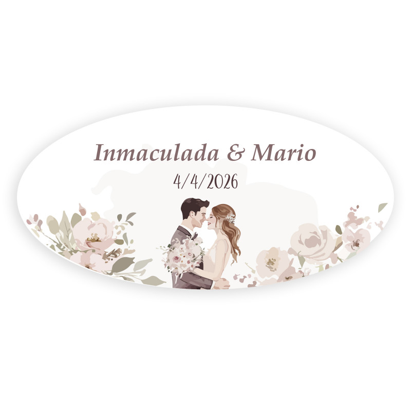 Adesivo personalizado ovalado noivos se beijando rodeados de flores para casamentos