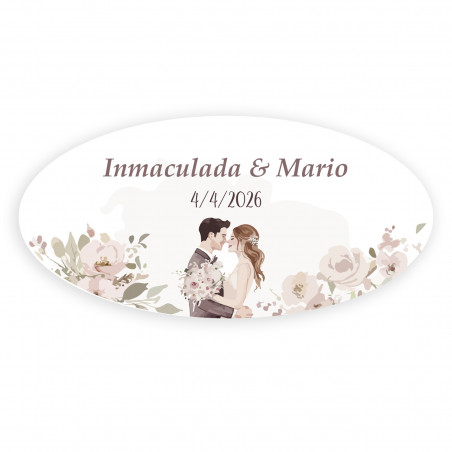 Adesivo personalizado ovalado noivos se beijando rodeados de flores para casamentos
