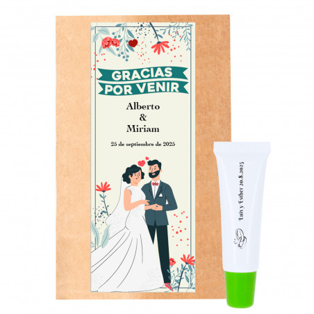 Brilho labial personalizado em envelope kraft com adesivo para casamentos vertical personalizável