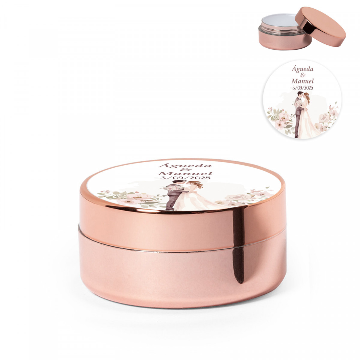 Bálsamo labial ouro rosa com tampa personalizada para detalhes de casamento