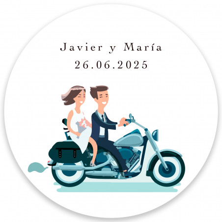 Adesivo redondo de noivos em moto personalizável de 5 cm