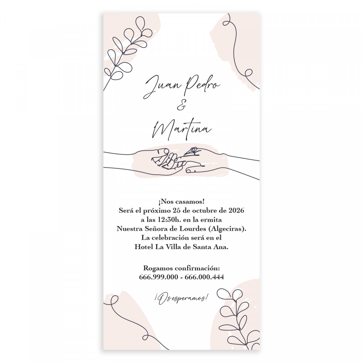 Convite de casamento cartão vertical com desenhos manuais de mãos e elementos decorativos