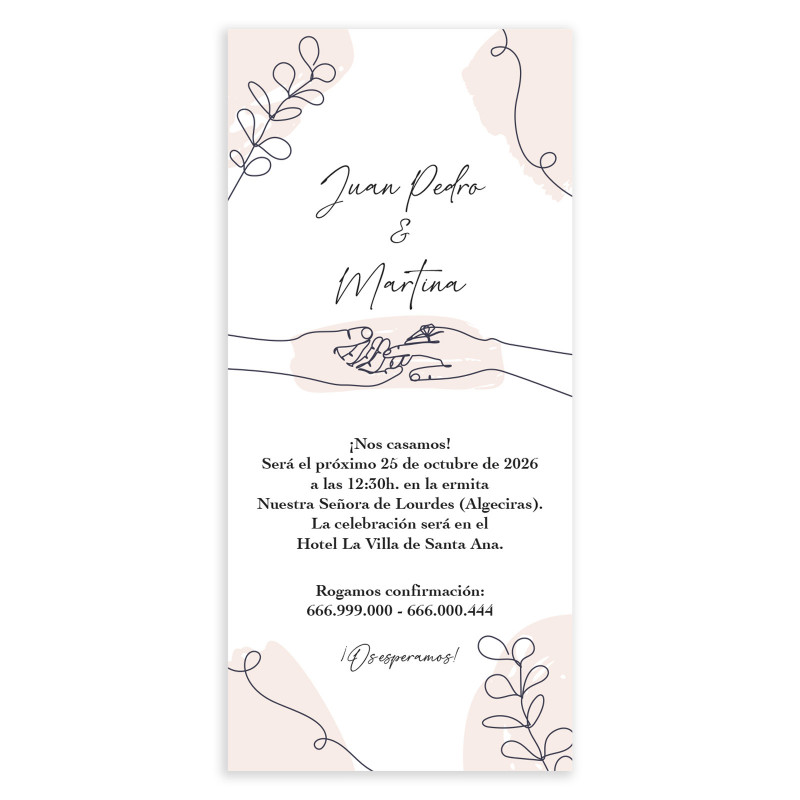 Convite de casamento cartão vertical com desenhos manuais de mãos e elementos decorativos